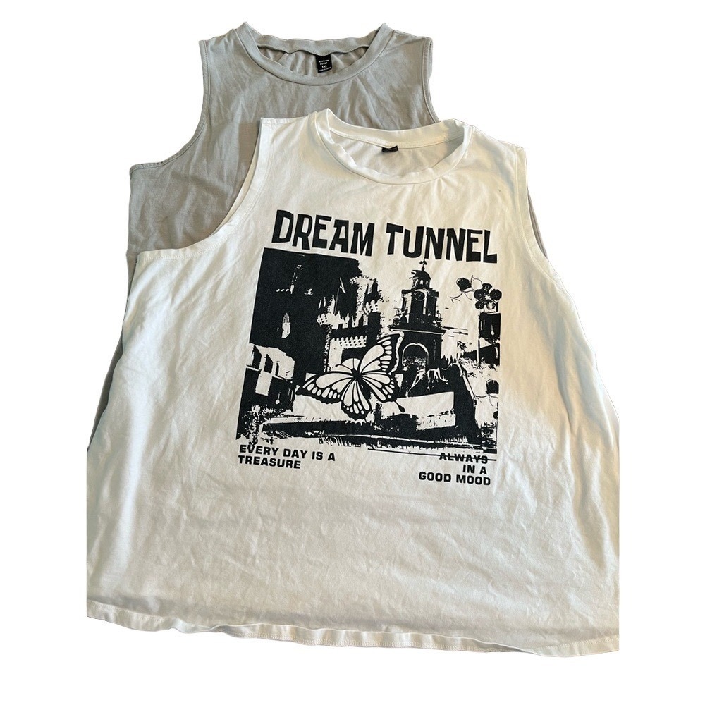SHEIN Tank Top Bundle OF 2  Graphic  Muscle Tee Women's 1XL Grey White Excellent